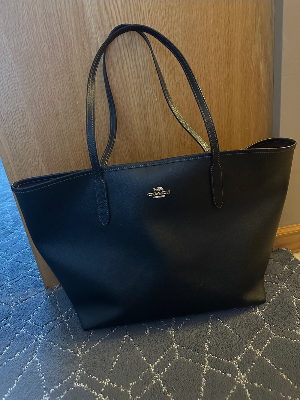 Large Coach Black Pebbled Leather City Tote with Gold Logo